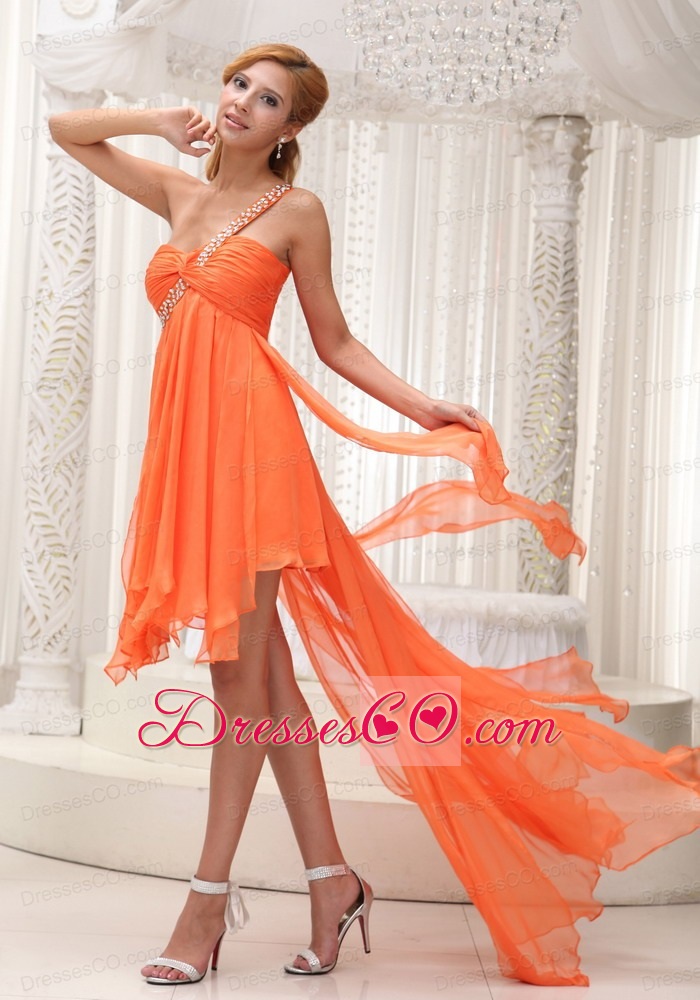 Beaded Decorate One Shoulder Ruched Bodice Orange Chiffon High-low A-line Prom / Homecoming Dress For 2013