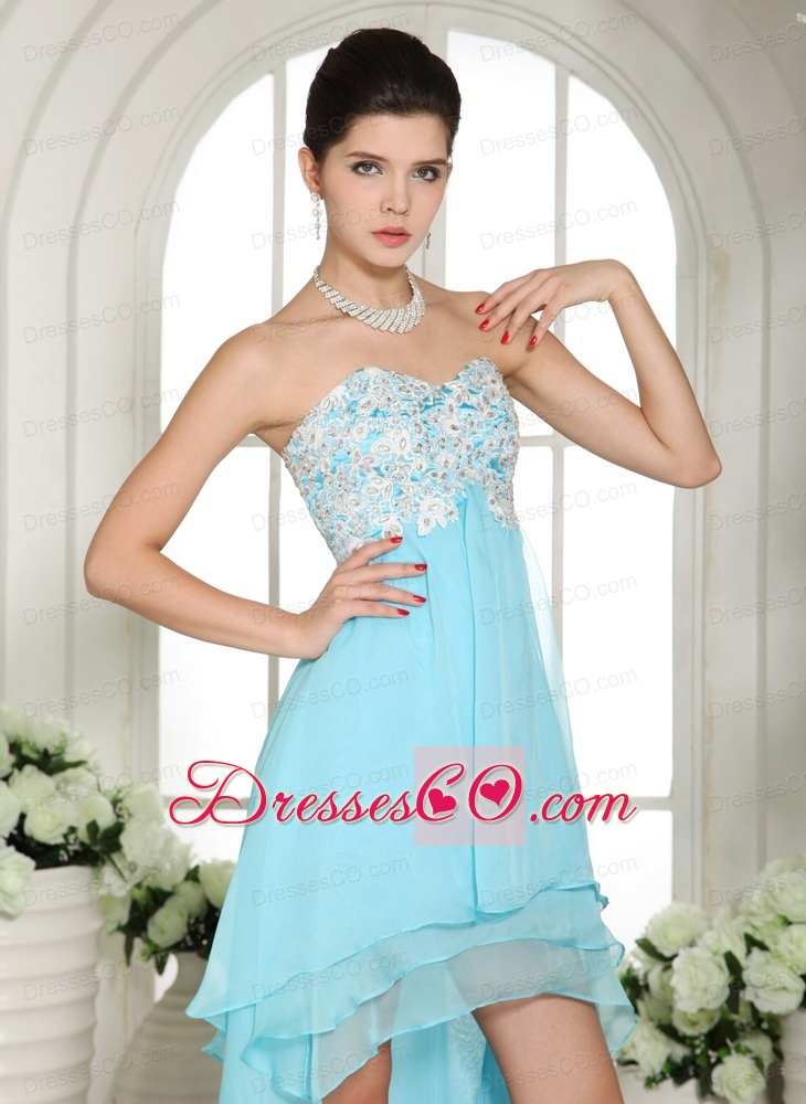 Aqua Blue Appliques High-low Prom Dress For Custom Made