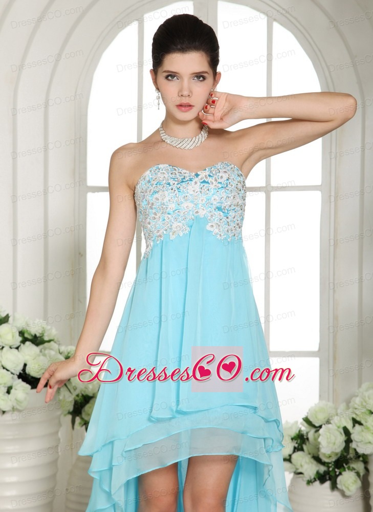 Aqua Blue Appliques High-low Prom Dress For Custom Made
