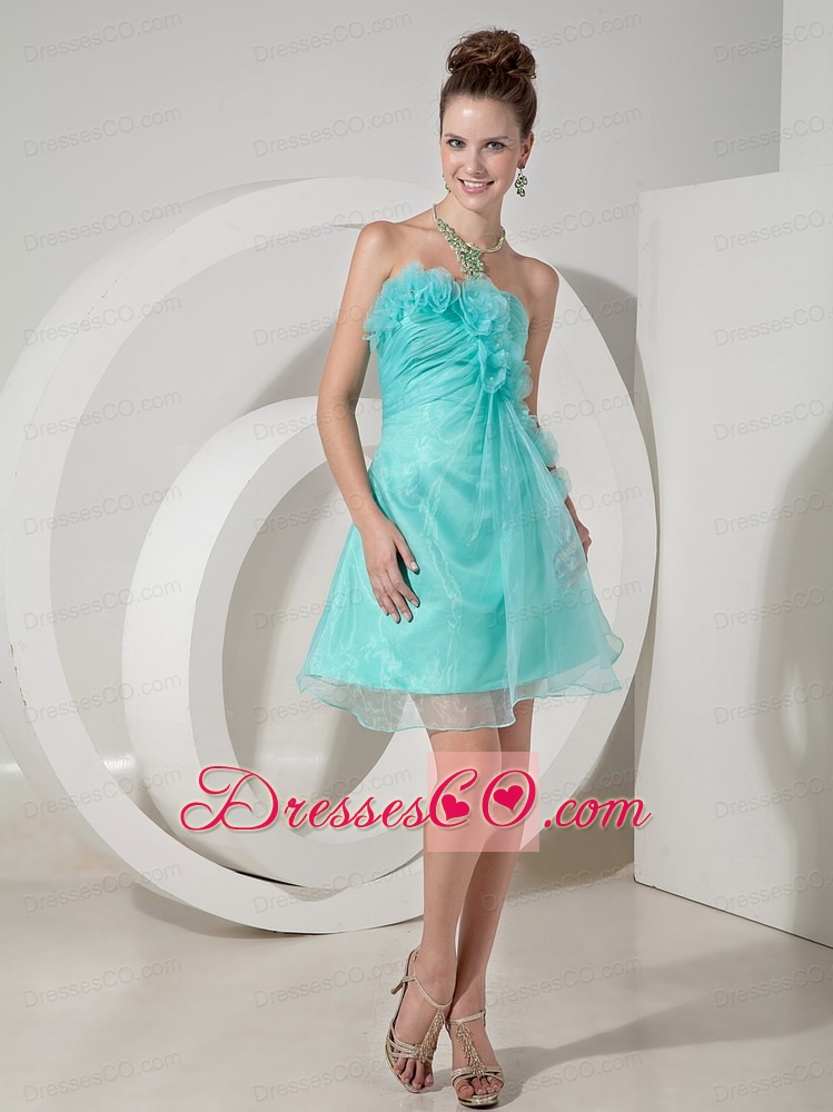 Apple Green A-line / Princess Strapless Mini-length Hand Made Flowers Prom / Homecoming Dress