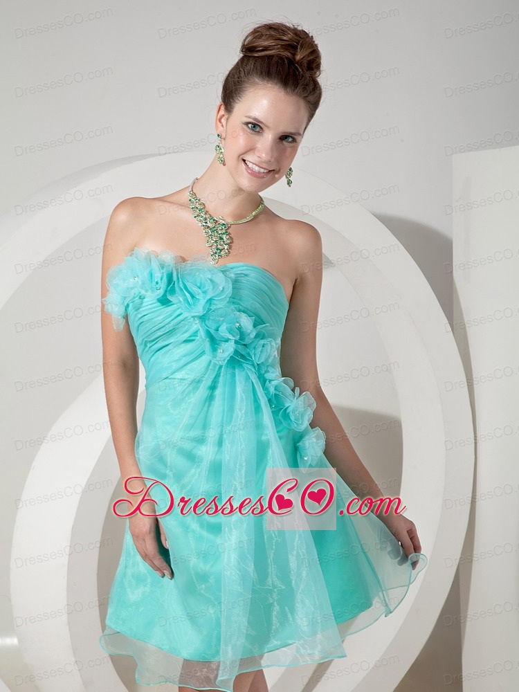 Apple Green A-line / Princess Strapless Mini-length Hand Made Flowers Prom / Homecoming Dress