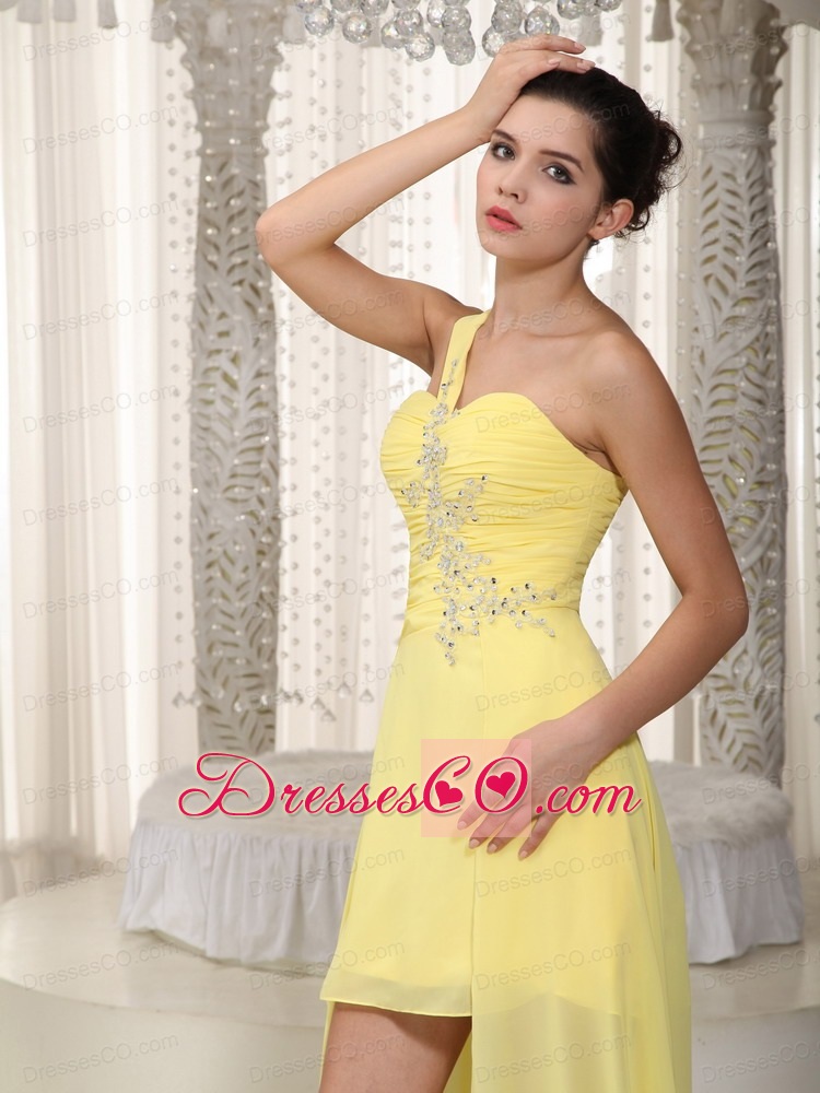 Yellow A-Line / Princess One Shoulder High-low Chiffon Beading Prom Dress