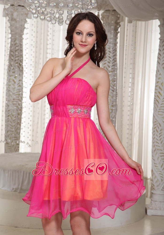 Hot Pink Halter Beaded Decorate Homecoming Dress For Cocktail With Organza
