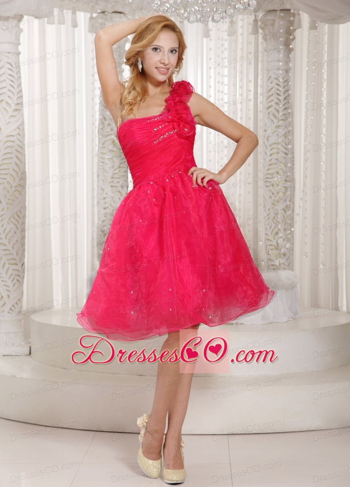 Hand Made Flowers Coral Red One Shoulder Plus Size Prom Dress Organza With Ruched Bodice