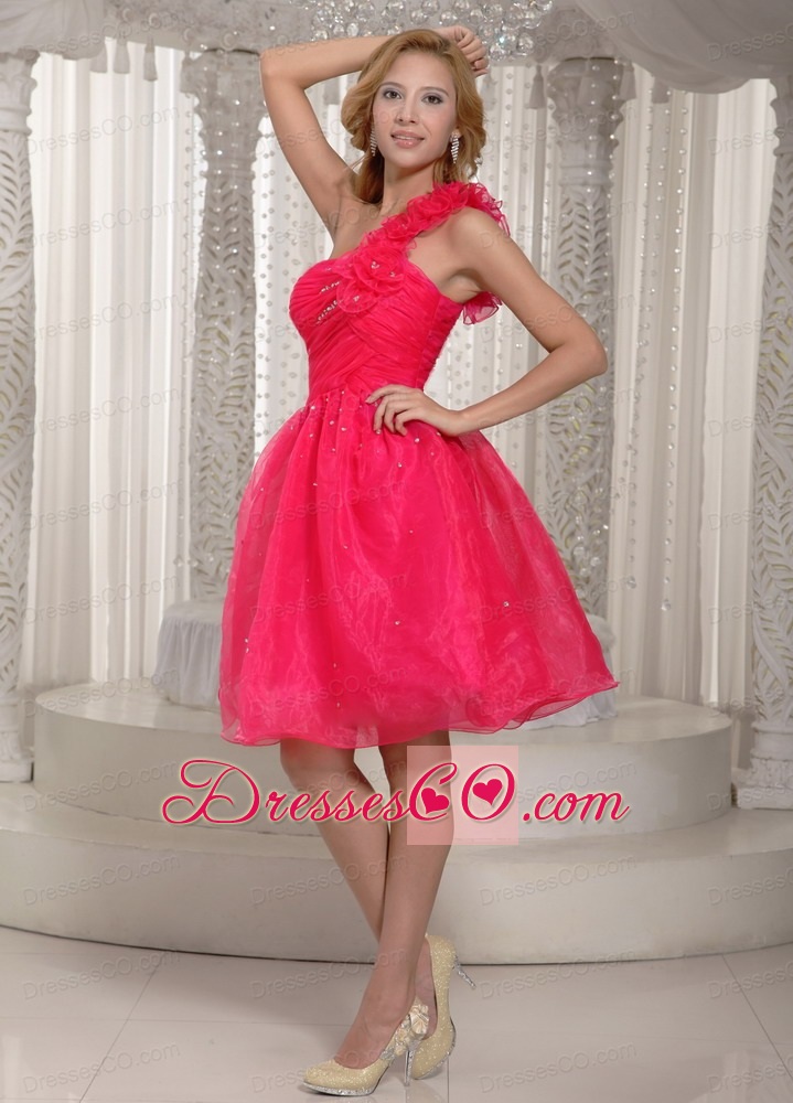 Hand Made Flowers Coral Red One Shoulder Plus Size Prom Dress Organza With Ruched Bodice
