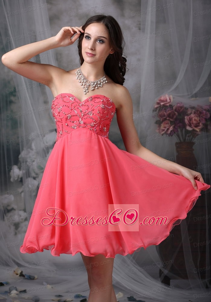 The Super Hot Cocktail Dress Coral Red A-line / Princess Chiffon Beading Mini-length