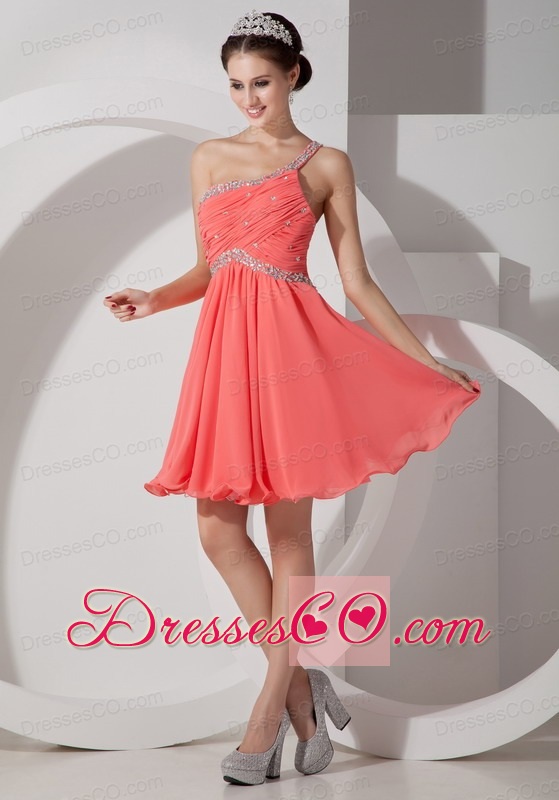 Lovely Orange Red Empire One Shoulder Homecoming Dress Chiffon Beading And Ruching Mini-length