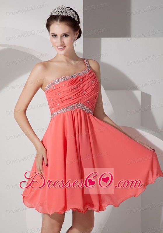 Lovely Orange Red Empire One Shoulder Homecoming Dress Chiffon Beading And Ruching Mini-length