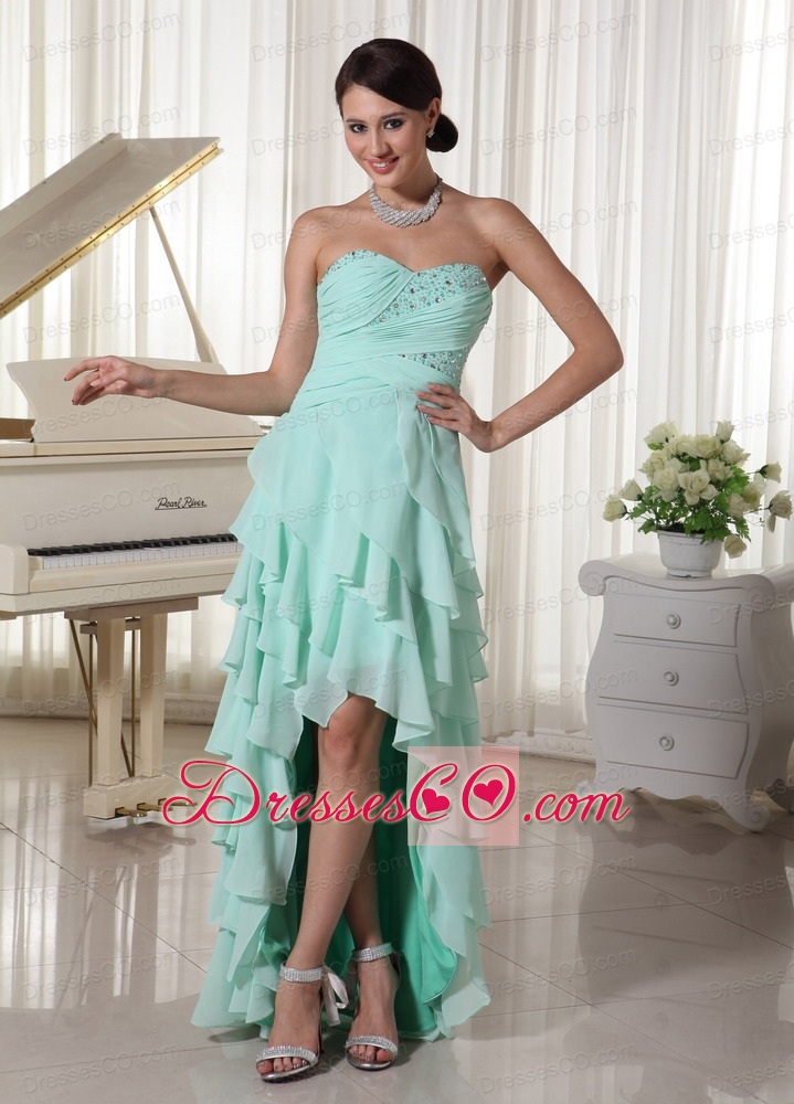 Apple Green Chiffon Layered High Low Prom Dress With Empire Beading and Ruching Decorate Up Bodice