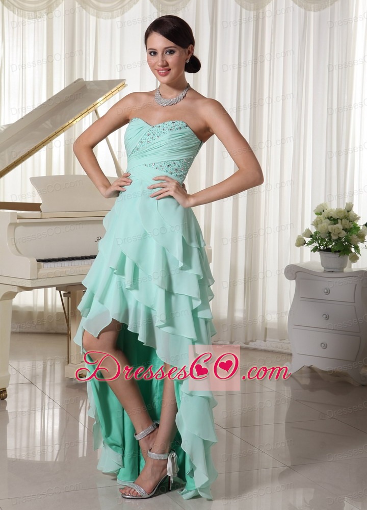 Apple Green Chiffon Layered High Low Prom Dress With Empire Beading and Ruching Decorate Up Bodice