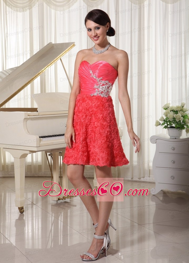 Watermelon Red Prom / Cocktail Dress Appliques With Beading Fabric With Rolling Flower Mini-length
