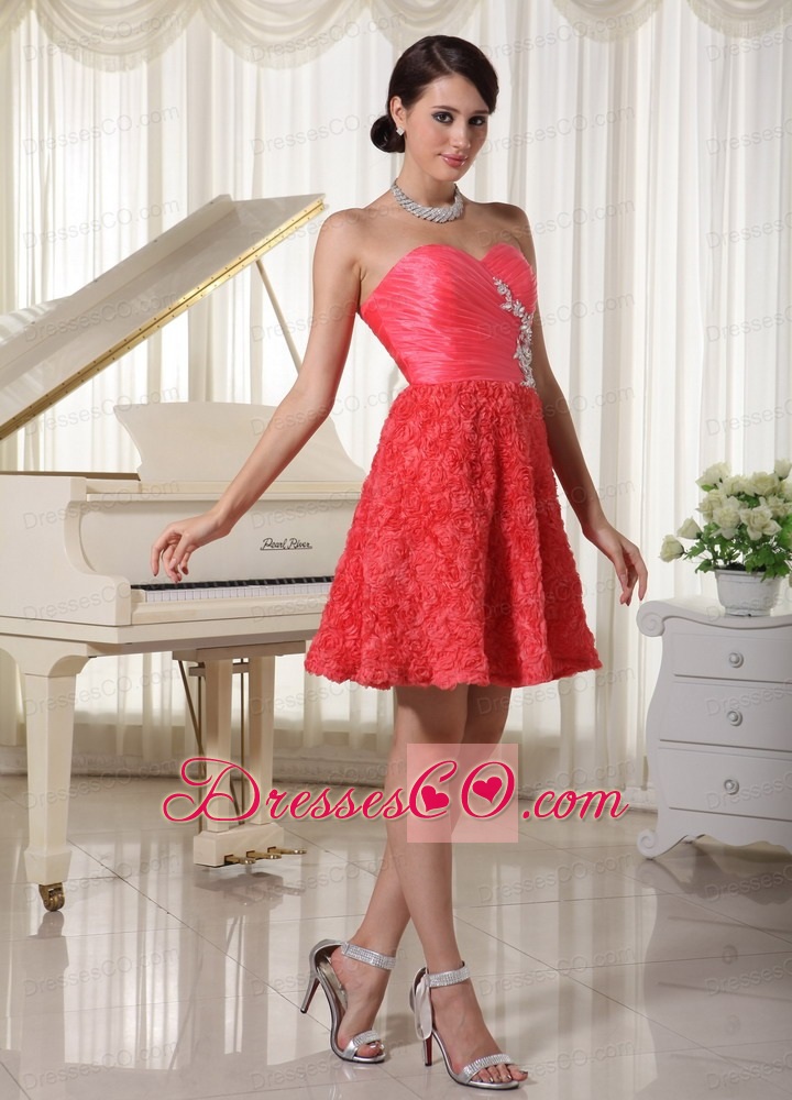 Watermelon Red Prom / Cocktail Dress Appliques With Beading Fabric With Rolling Flower Mini-length