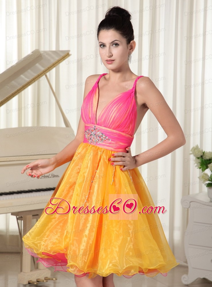 Colorful Princess Prom Dress Custom Made Straps Beaded Decorate Waist Organza