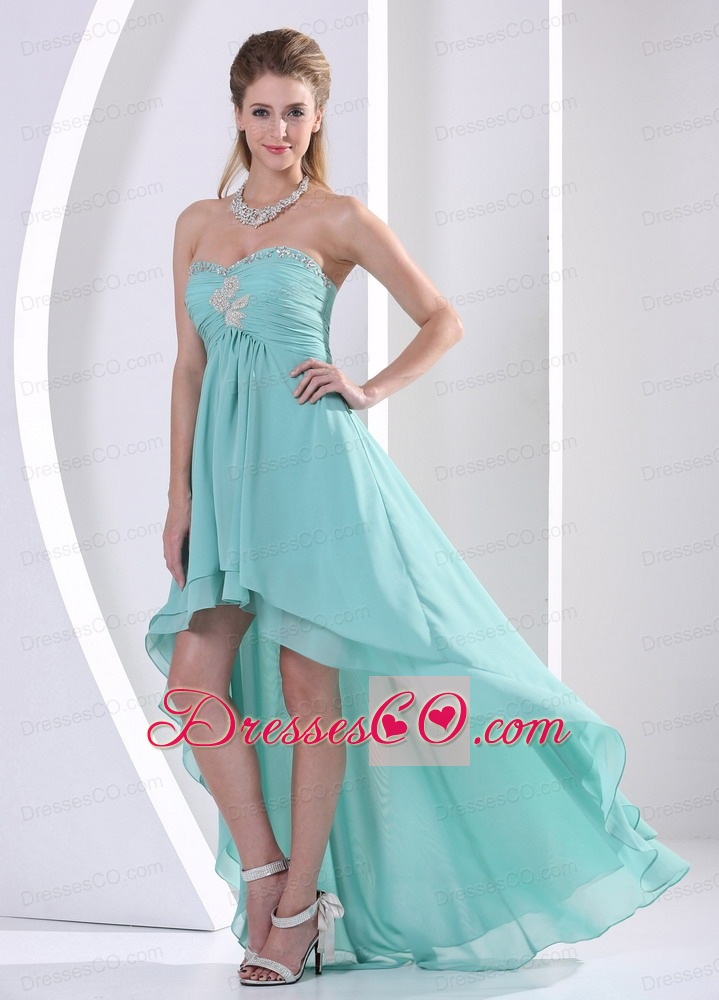 Custom Made High-low Prom Dress With Turquoise Beading and Ruching For Graduation