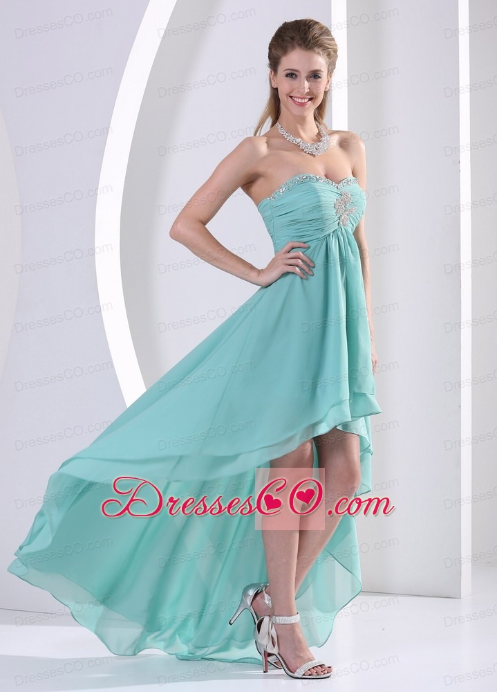 Custom Made High-low Prom Dress With Turquoise Beading and Ruching For Graduation