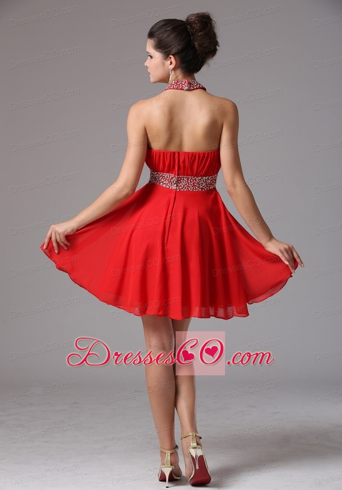 Halter Beading And Ruching Stylish Prom Dress With Mini-length