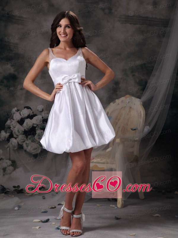 Customize Column Straps Short Wedding Dress Taffeta Bow Mini-length
