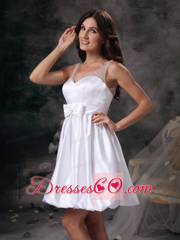 Customize Column Straps Short Wedding Dress Taffeta Bow Mini-length