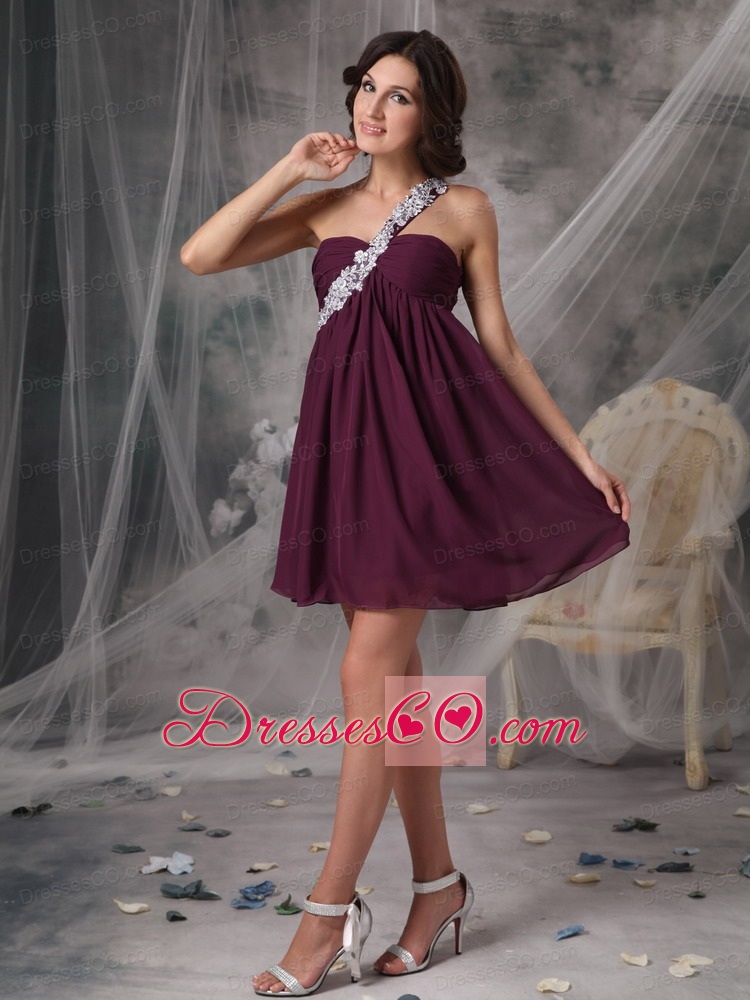 Sweet Dark Purple Short Prom Dress Empire One Shoulder Chiffon Appliques Mini-length