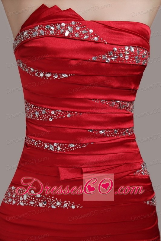 Red Column/sheath Strapless Mini-length Taffeta Beading Prom Dress