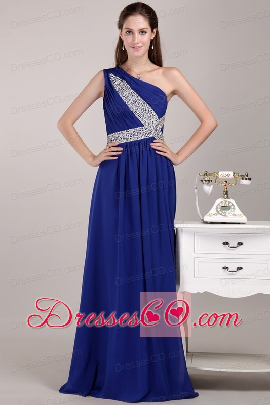 Blue Empire One Shoulder Long Chiffon Sequins Prom / Evening Dress