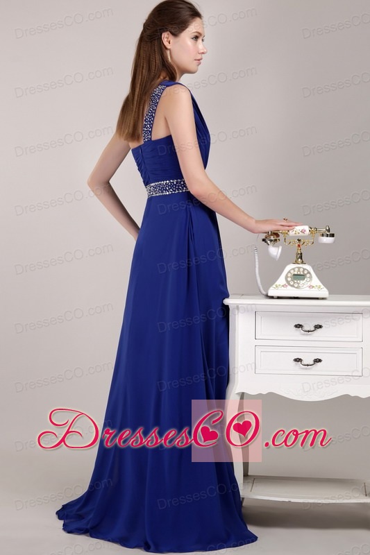 Blue Empire One Shoulder Long Chiffon Sequins Prom / Evening Dress