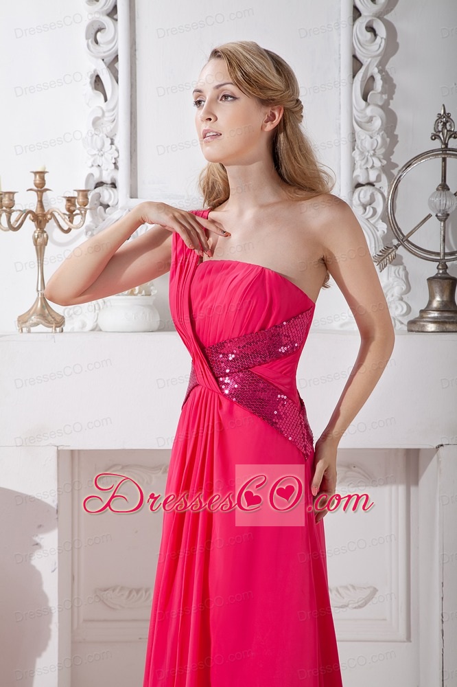 Coral Red Empire One Shoulder Sequins Prom Dress Brush Train Chiffon
