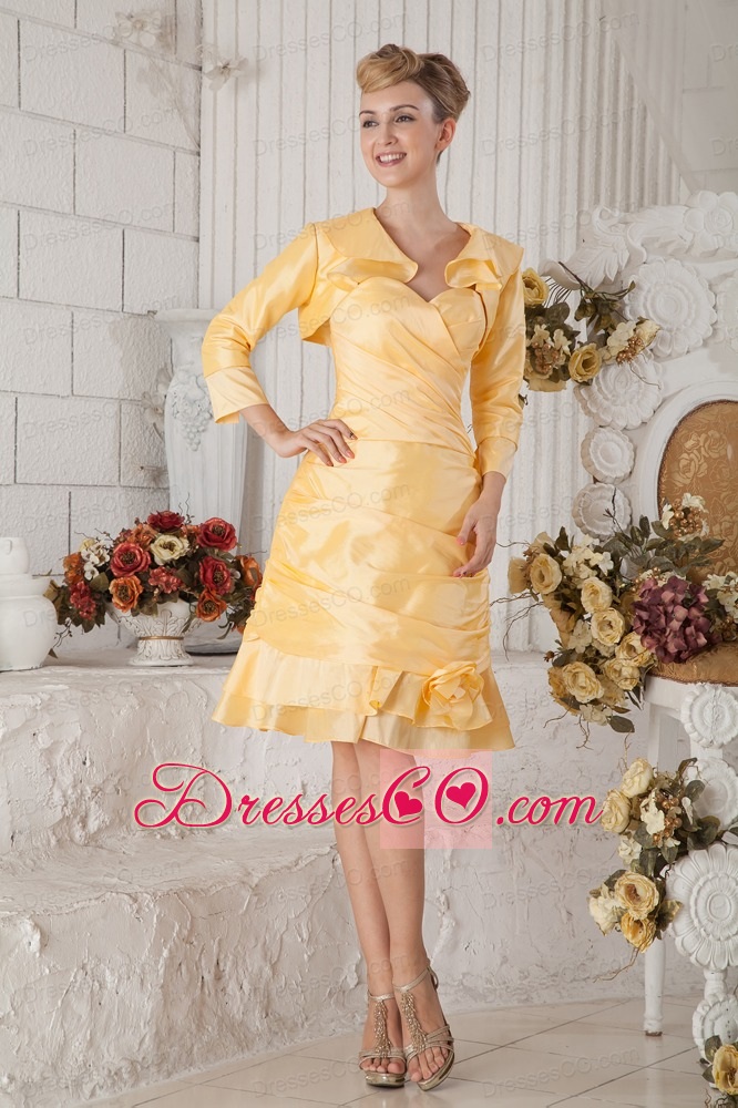 Yellow A-line Knee-length Taffeta Ruching Prom Dress