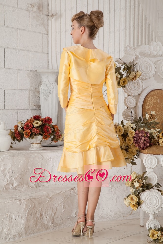 Yellow A-line Knee-length Taffeta Ruching Prom Dress