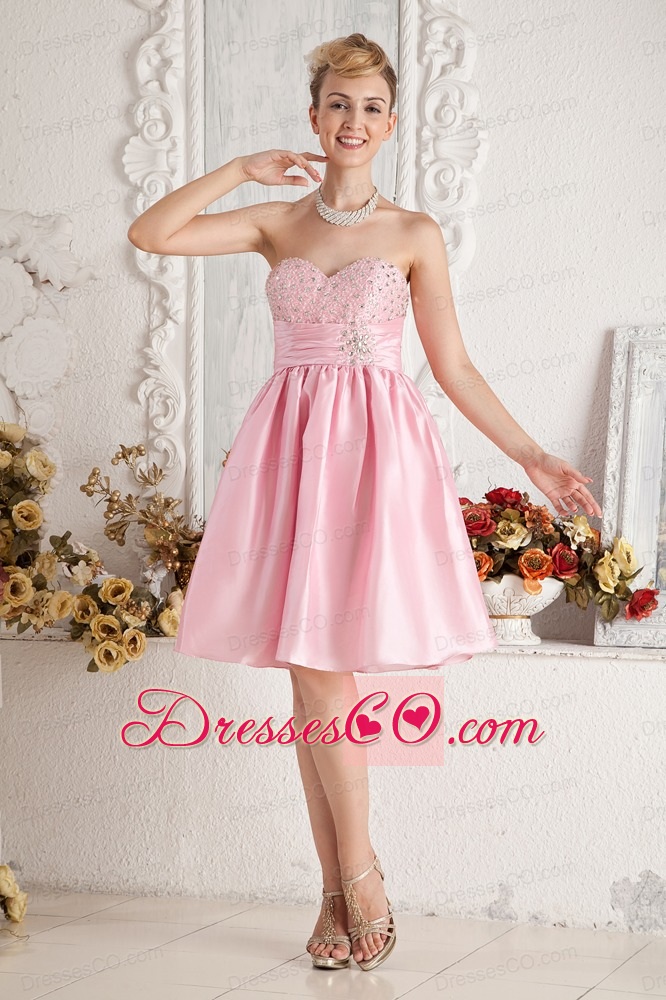 Baby Pink A-line Short Prom Dress Taffeta Beading Knee-length