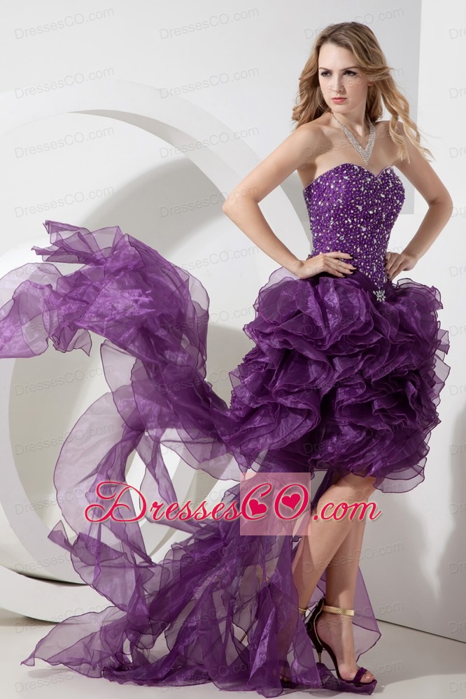 Purple High-low Organza Beading Prom Dress Column / Sheath Sweetheart