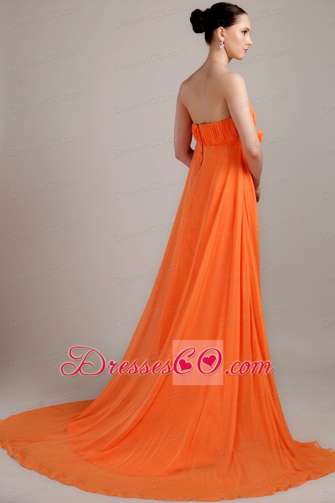 Orange Empire Brush Train Chiffon Hand Made Flowers Plus Size Prom Dress