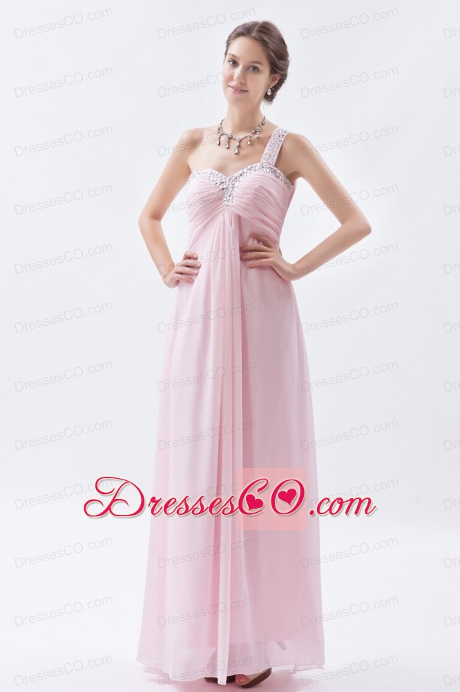 Baby Pink Empire One Shoulder Prom Dress Chiffon Beading Long
