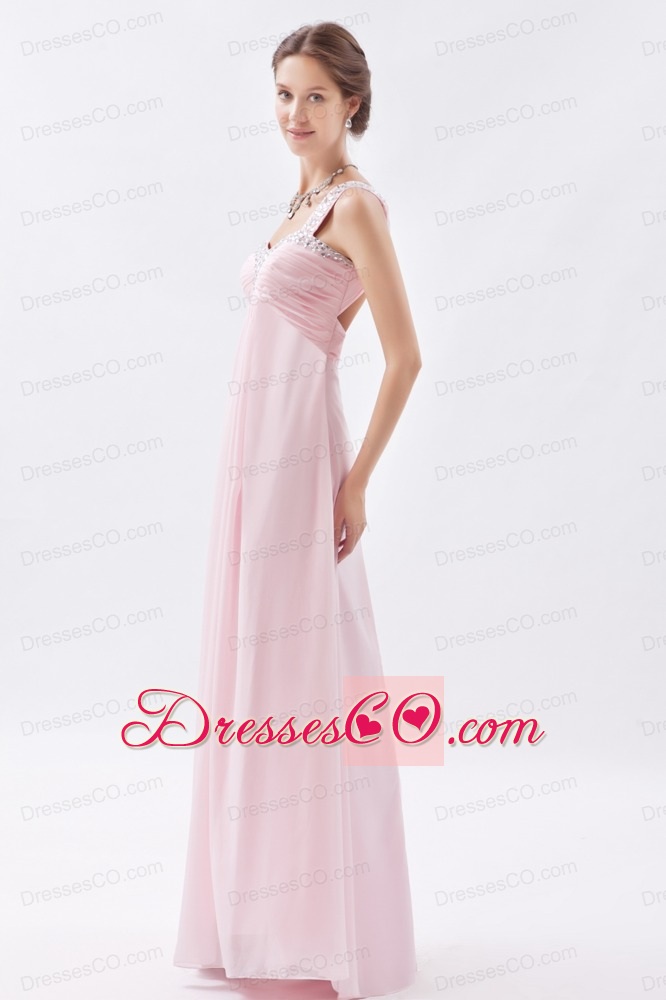 Baby Pink Empire One Shoulder Prom Dress Chiffon Beading Long