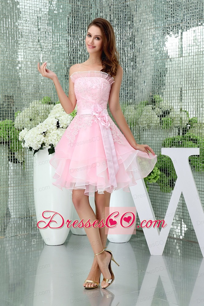 A-line Baby Pink Strapless Ruffles Lace Sash Prom Dress