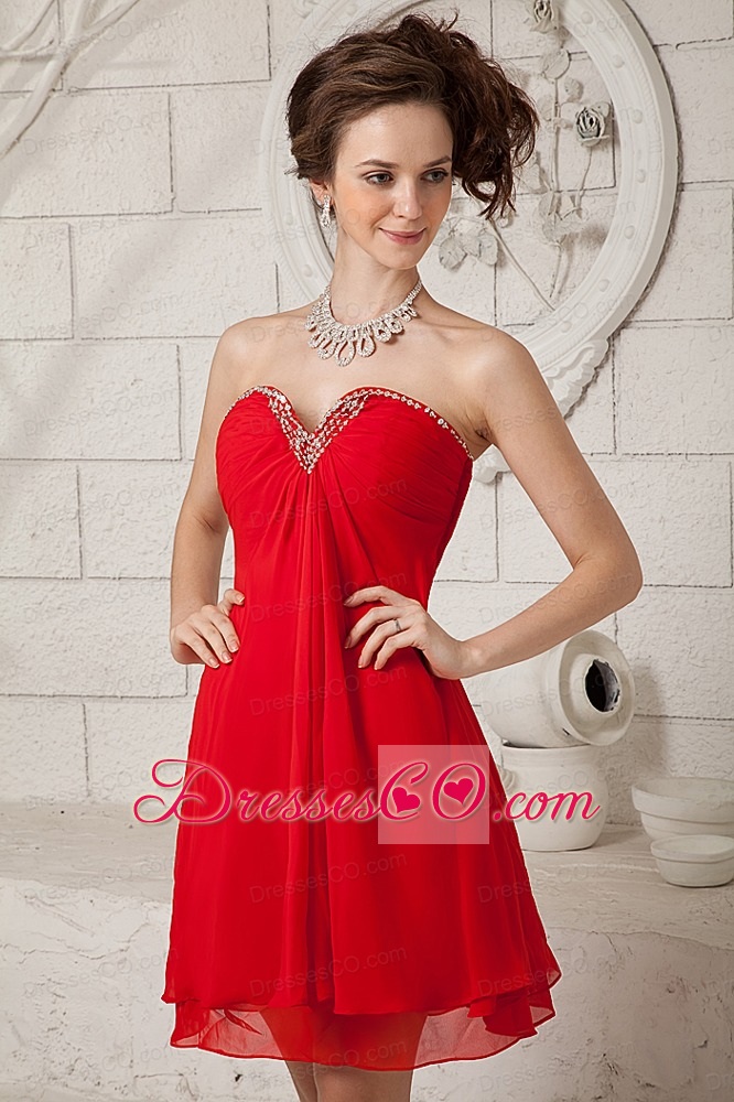 Custom Made Red Empire Prom / Homecoming Dress Mini-length Chiffon Beading