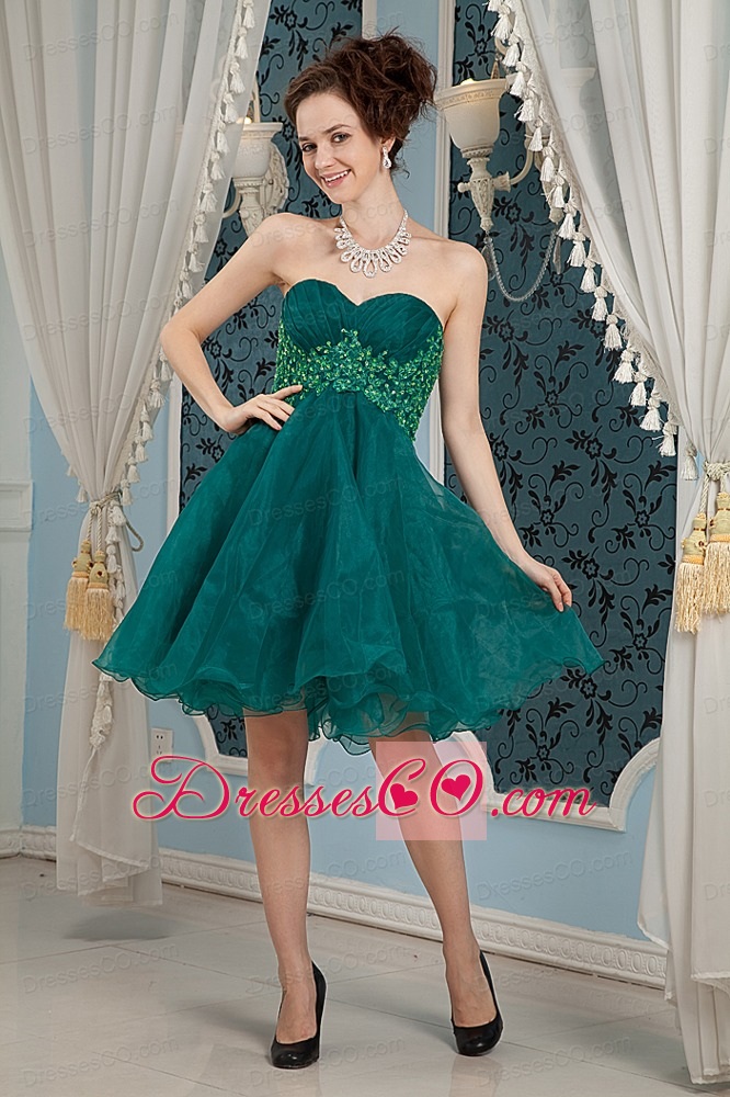 Dark Green A-line Mini-length Organza Appliques Prom Dress