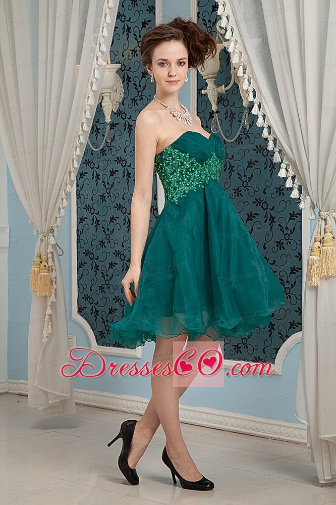 Dark Green A-line Mini-length Organza Appliques Prom Dress