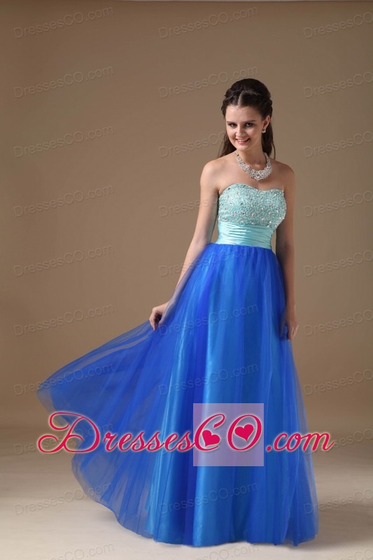 Apple Green And Royal Blue A-line Strapless Long Taffeta And Tulle Beading Prom Dress