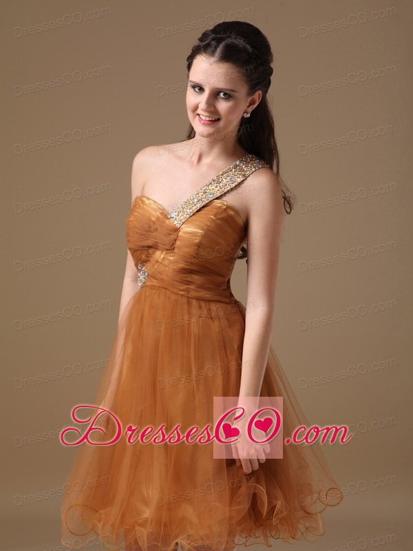 Brown A-line One Shoulder Mini-length Organza Beading Prom Dress