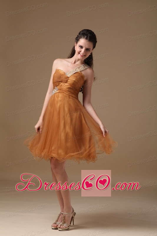 Brown A-line One Shoulder Mini-length Organza Beading Prom Dress