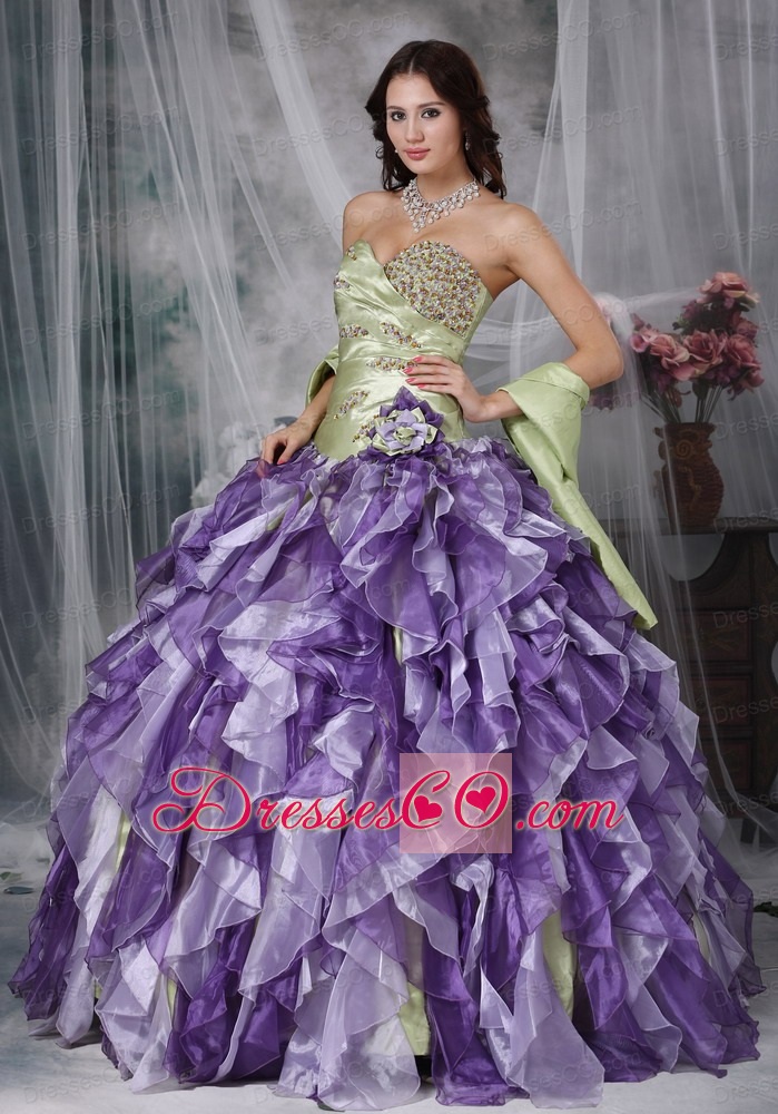 Colorful Ball Gown Long Taffeta And Organza Beading And Ruffles Quinceanea Dress