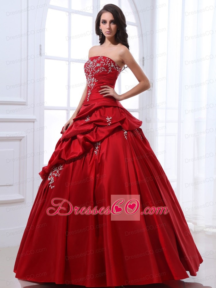 Wine Red Appliques And Pick-ups Quinceanera Dress With Long Taffeta In 2013