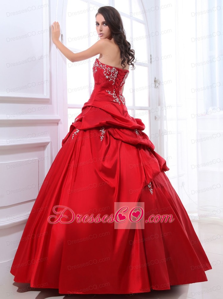 Wine Red Appliques And Pick-ups Quinceanera Dress With Long Taffeta In 2013