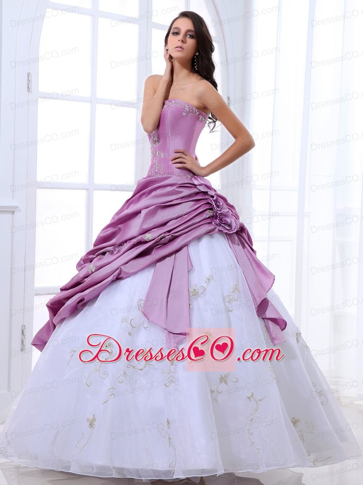 Lavender And White Quinceanera Dress Appliques And Pick-ups With Long