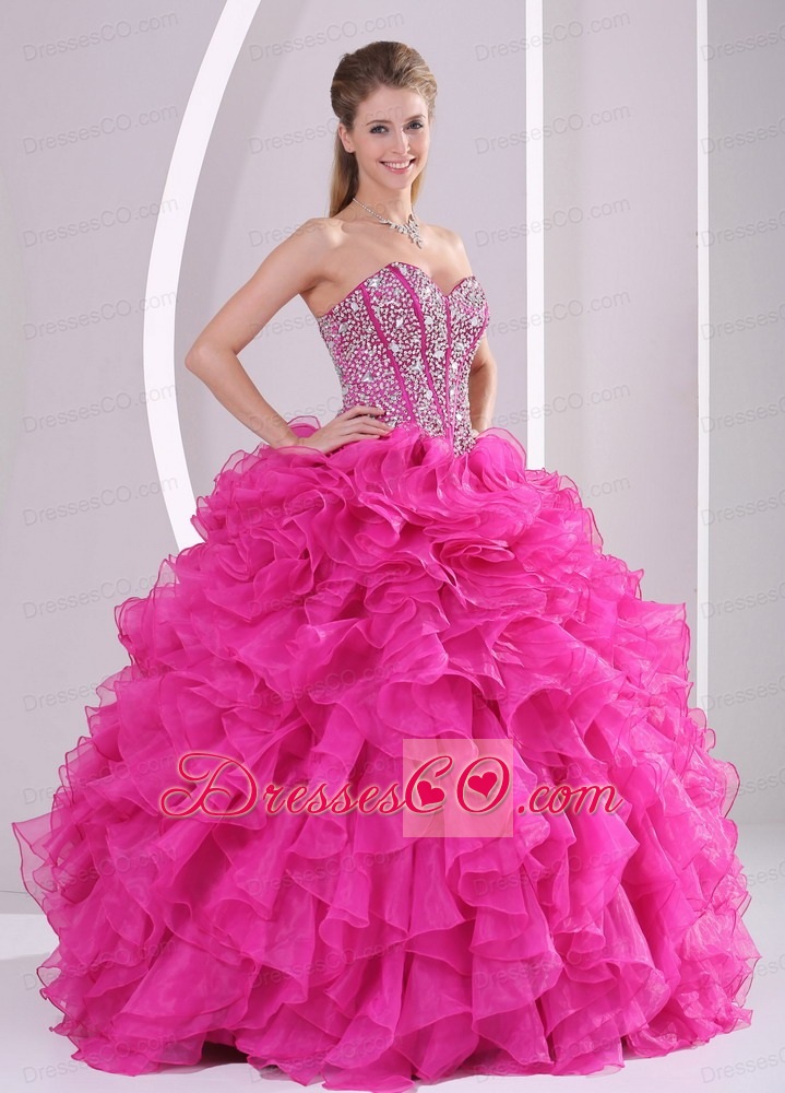Fuchsia Ruffles Ball Gown Beaded Decorate Quinceanera Gowns in Sweet 16