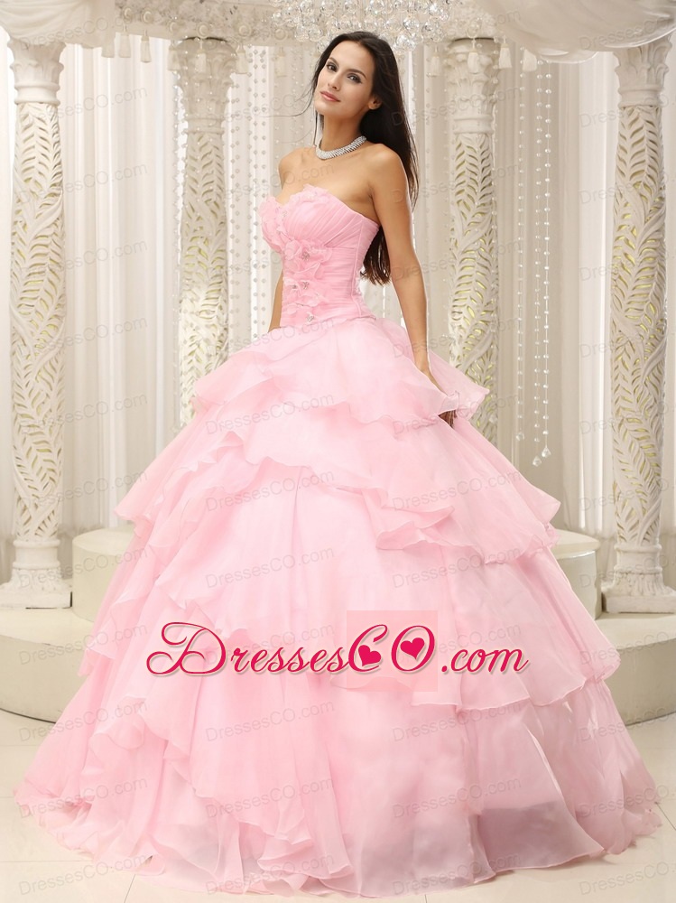 Baby Pink Ruched Bodice Hand Made Flowers Decorate Waist For Quinceanera Dress
