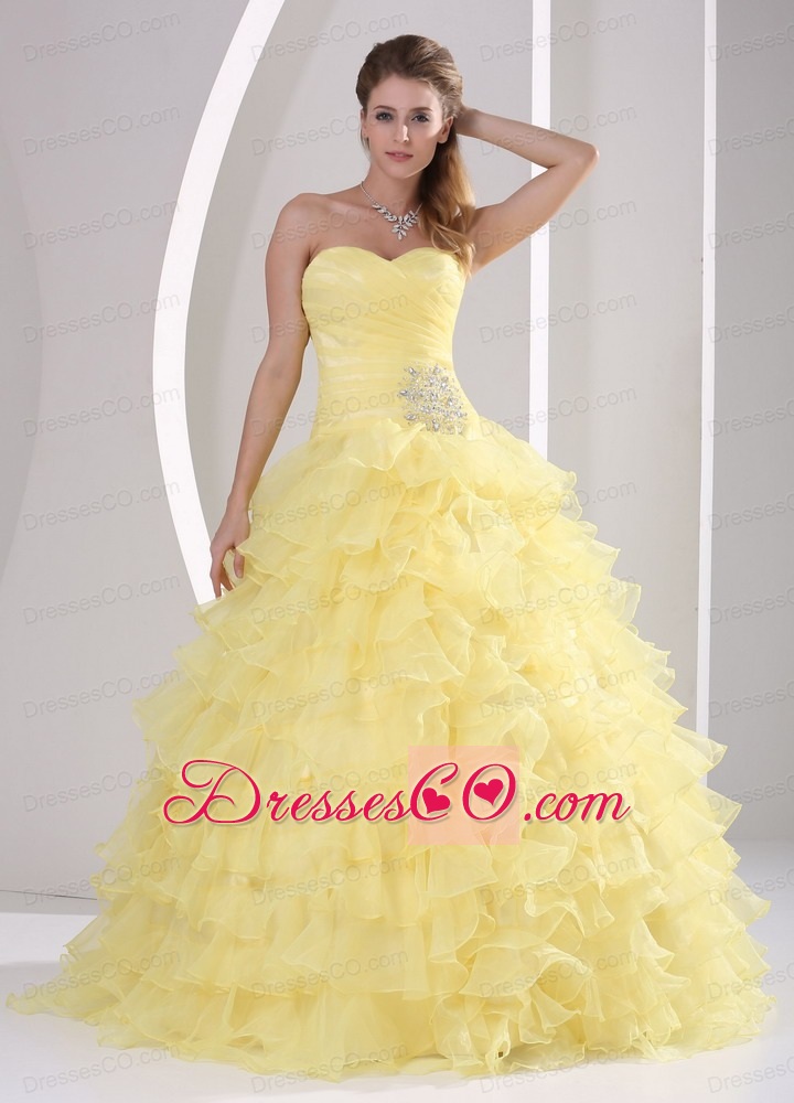 Light Yellow Ruffles Appliques and Ruche Quinceanera Gowns For Military Ball