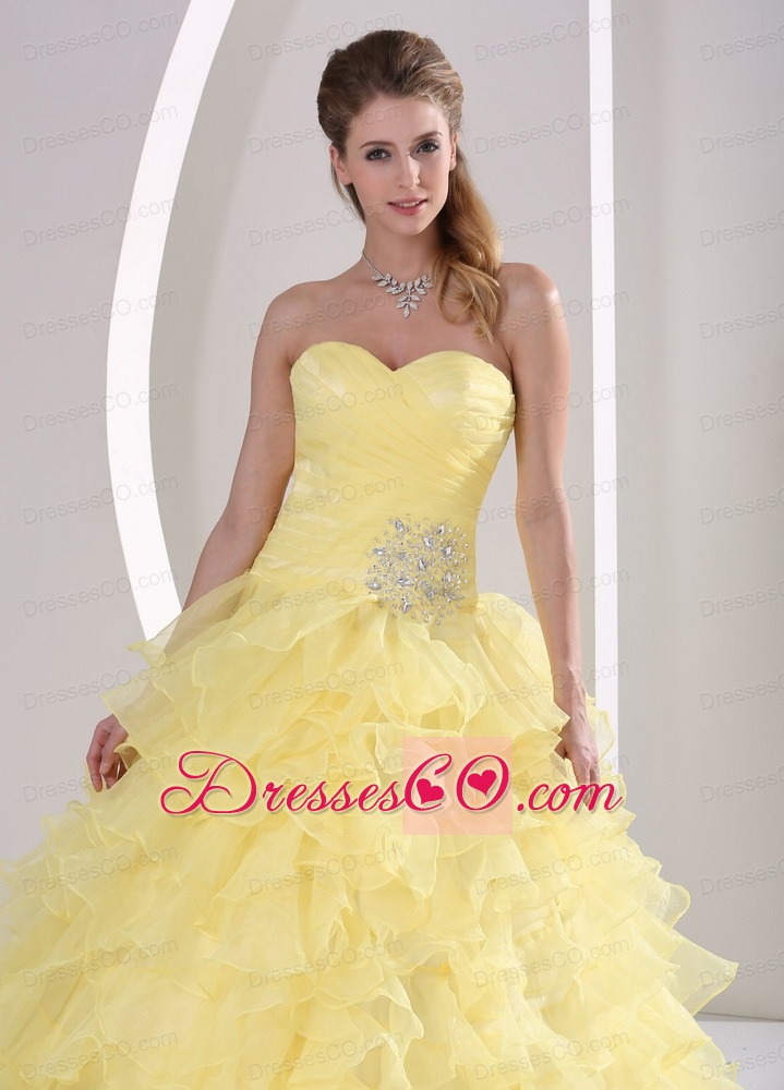 Light Yellow Ruffles Appliques and Ruche Quinceanera Gowns For Military Ball