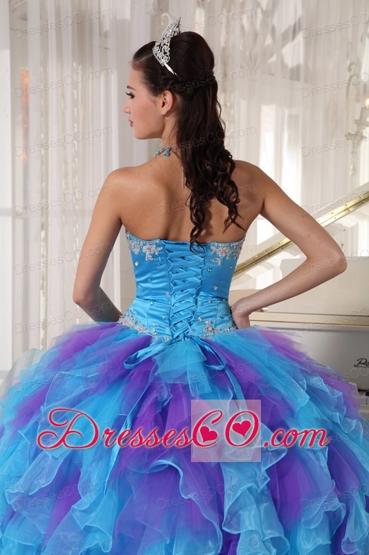Baby Blue And Purple Ball Gown Strapless Long Organza Appliques Quinceanera Dress